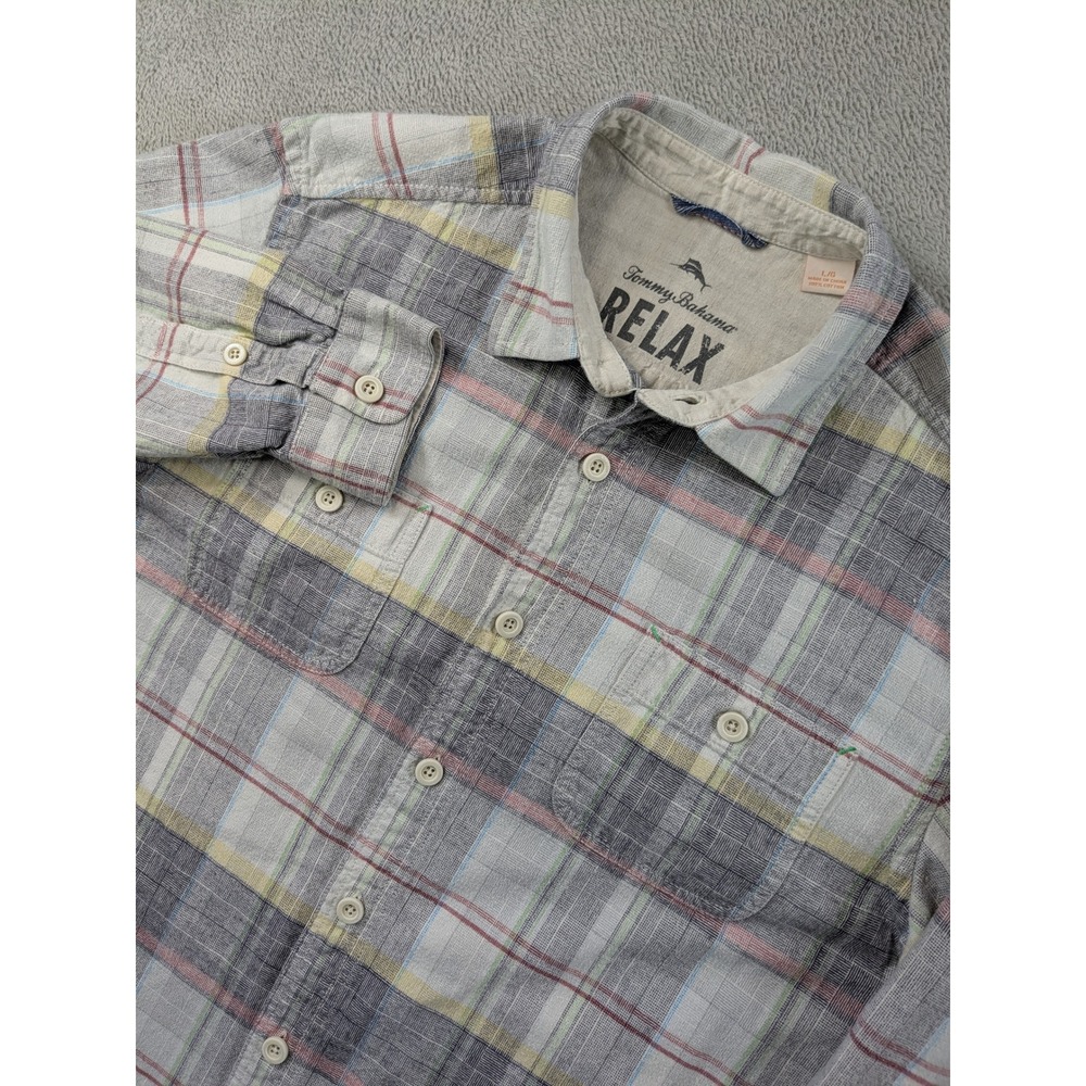 Tommy Bahama Relax Mens Large Gray Plaid Cotton Long Sleeve Button Down Shirt